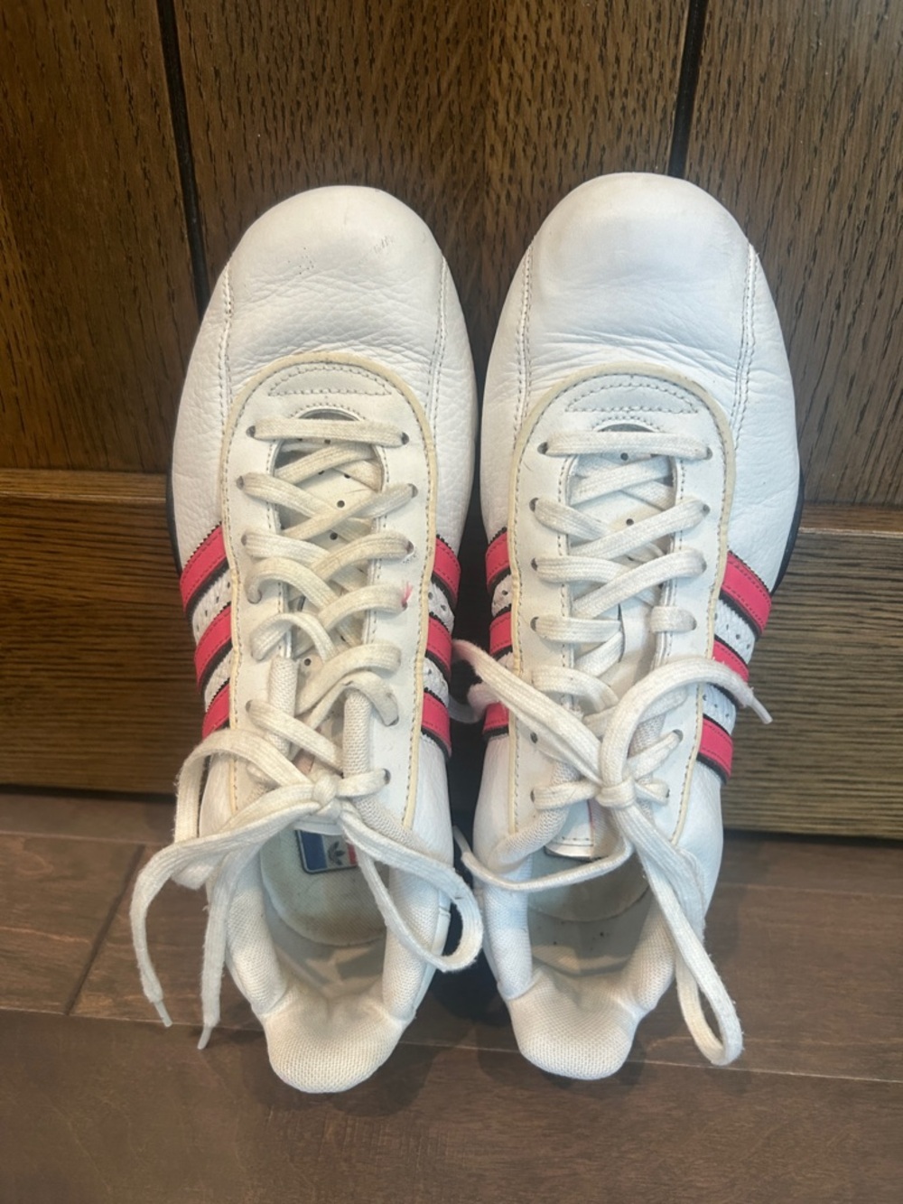 White Leather Addidas Good Year Sneakers with Pink Stripe Accent